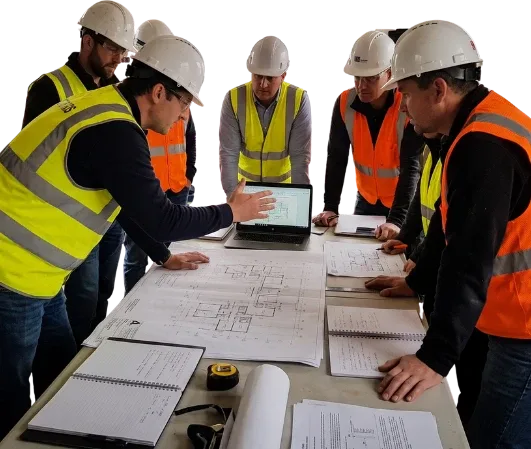 Site team in hard hats and hi-vis reviewing roof plans around a table