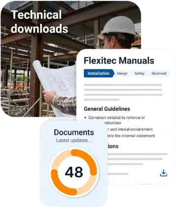 Contractor reading plans beside the FLEXITEC manuals and technical documents